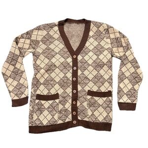 Button Up Brown Argyle Cardigan Sweater Handmade - Size S/M